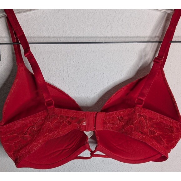 Victorias Secret Bra Womens 34D Red Pink Lace Plunge Underwire Push Up (451) - Picture 2 of 3